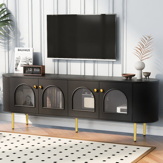 U-Can Modern TV Stand for TVs up to 80 Inches, Entertainment Center with 4 Cabinets, Wood Media Console with Metal Legs and Handles for Living room, Black