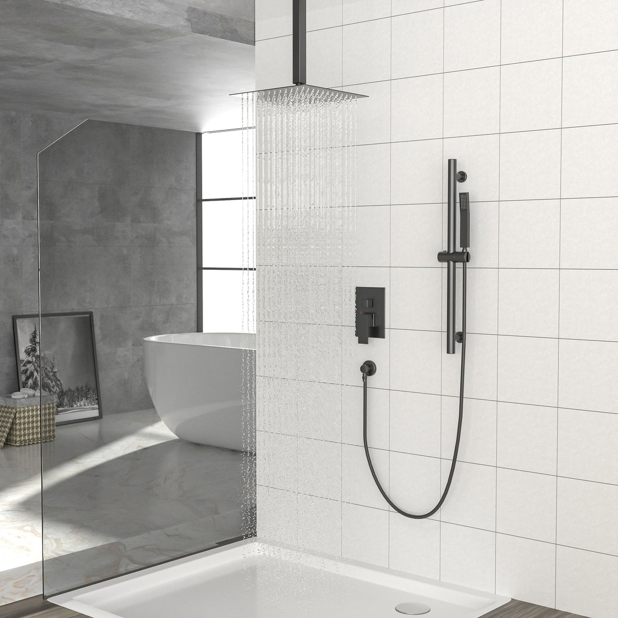 Ceiling Mounted Square Shower System With Adjustable Slide Bar, 16" Rainfall Shower With Handheld - Matte Black