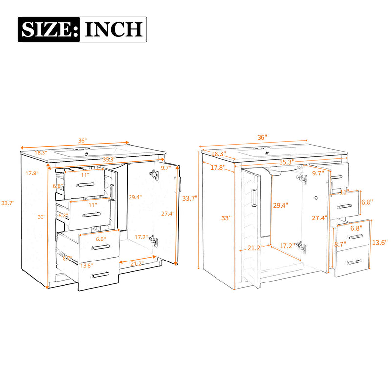 Modern Bathroom Vanity With Ceramic Sink, Freestanding Set With Drawers And Soft-Closing Doors
