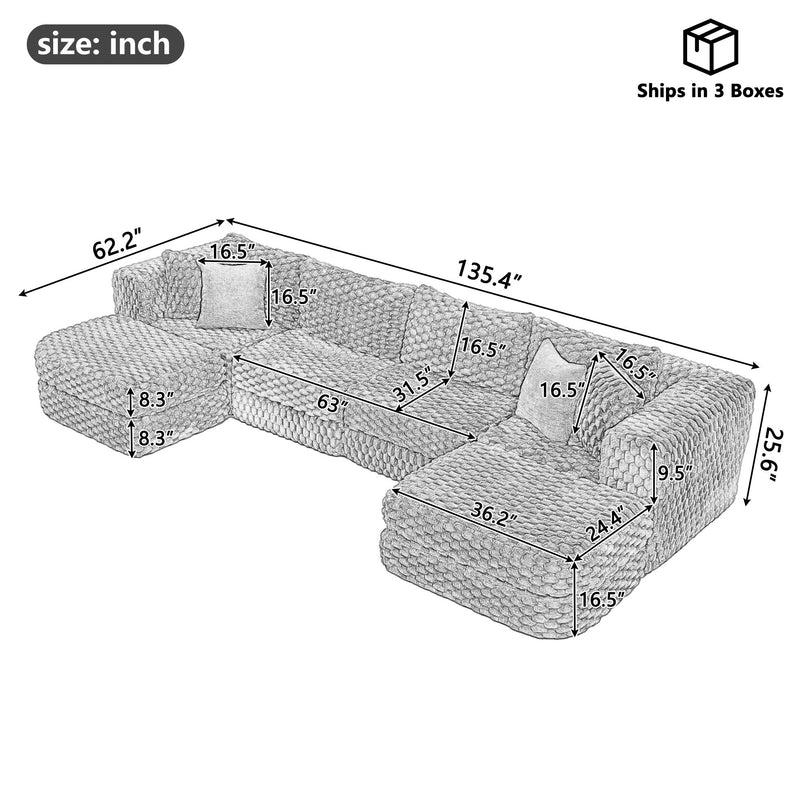 Modular Sectional Sofa, Boneless Couch With 2 Movable Ottomans