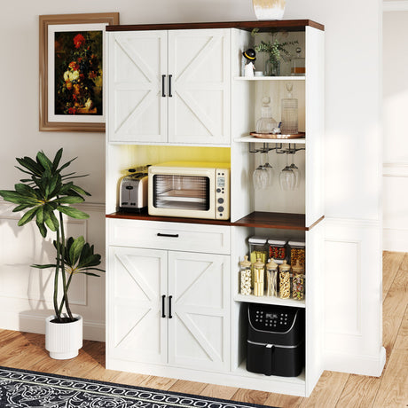 Farmhouse Kitchen Pantry Sideboard With Cabinet And Drawer, Multi Functional Kitchen Buffet With Hutch And Glass Holder, Microwave Stand With Charging Station - Brown / Antique White