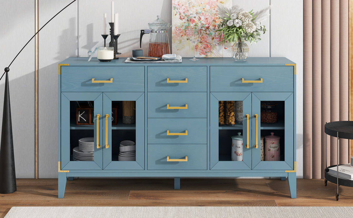 TREXM 6-drawer and 2-Cabinet Retro Sideboard with Extra Large Storage Space, with Gold Handles and Solid Wood Legs, for Kitchen and Living Room (Antique Blue)