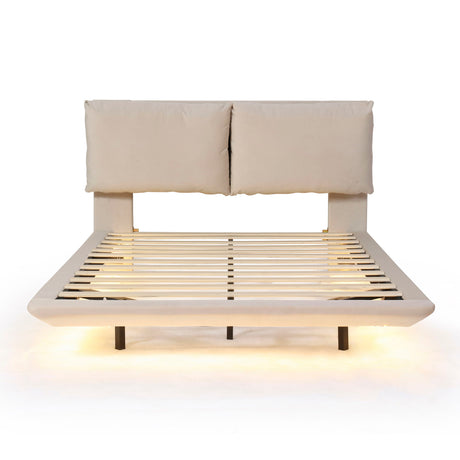Upholstered Platform Bed With Sensor Light And 2 Large Backrests, With 2 Sets Of USB Port And Socket On Each Rear Bed Leg