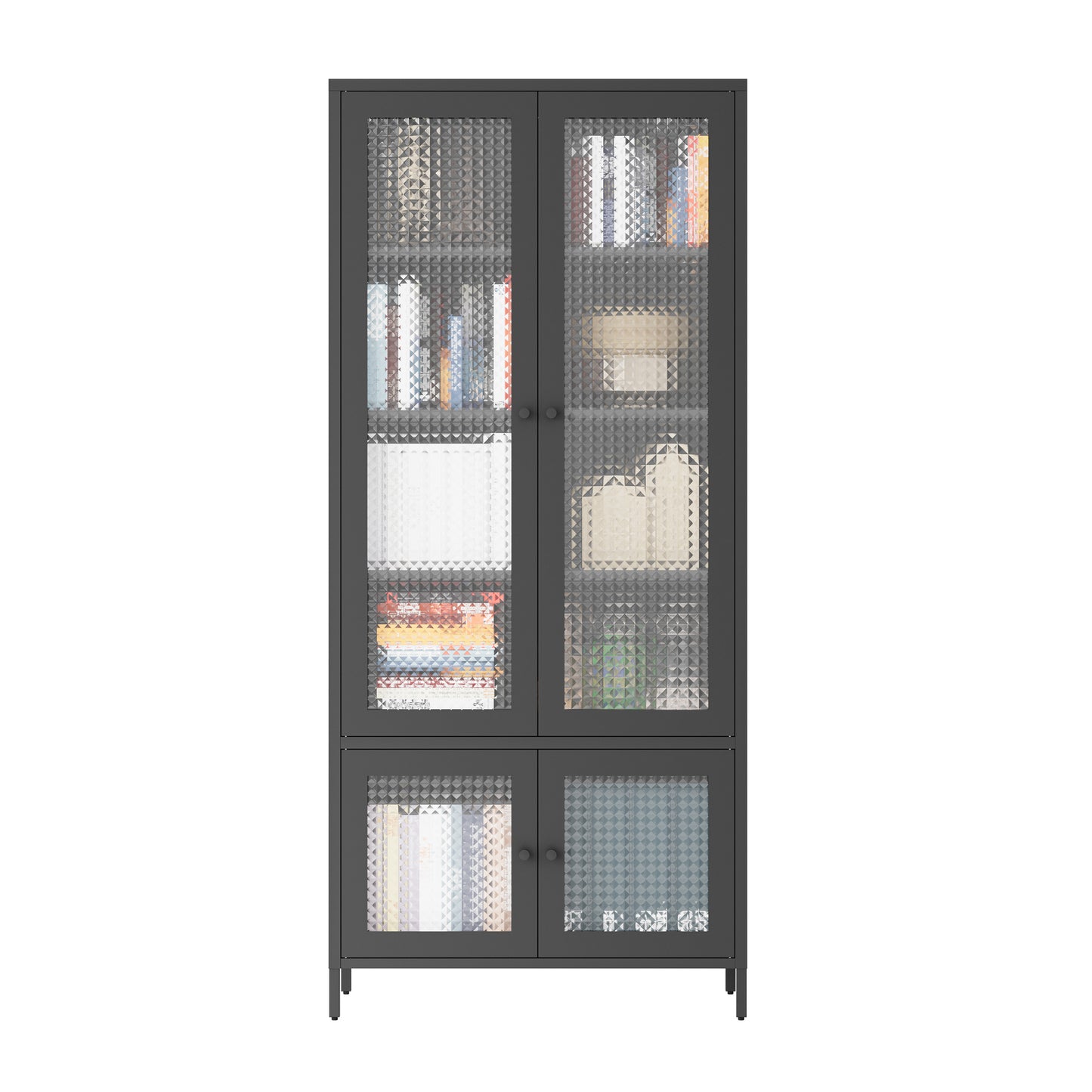 Large Metal Storage Cabinet Display Cabinet with 4 Glass Doors 5 Shelves Side Cabinet Bookcase Freestanding Cabinet for Bedroom Living Room Pantry Home Office - Black, Waffle-Grids  Tempered Glass