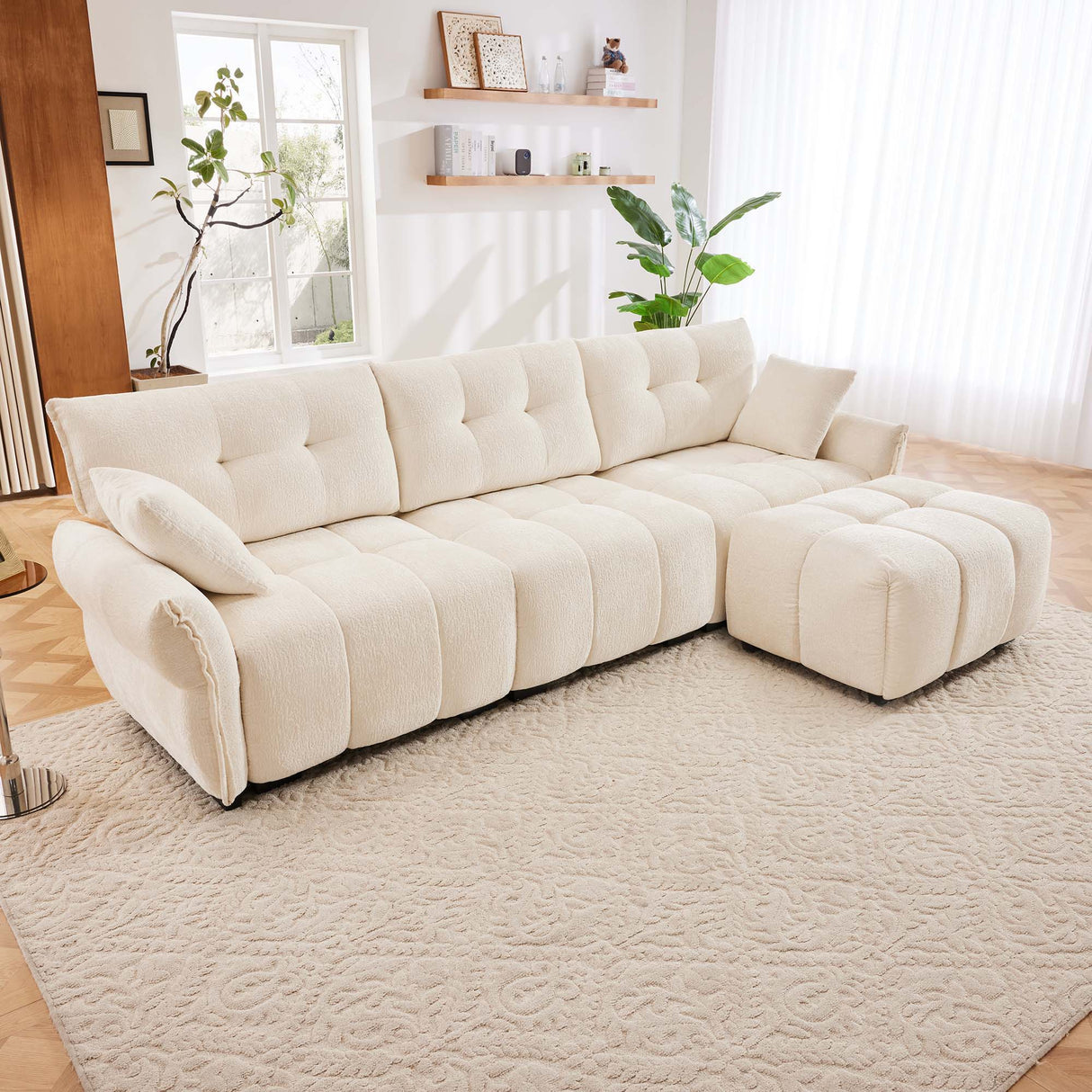 Elegant Sofa Set With Ottoman And Pillows, Textured Chenille, High Resilience Cushions
