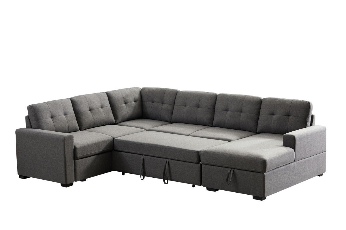 Selene 115.5" Dark Gray Linen Fabric Sleeper Sectional Sofa with Storage Chaise