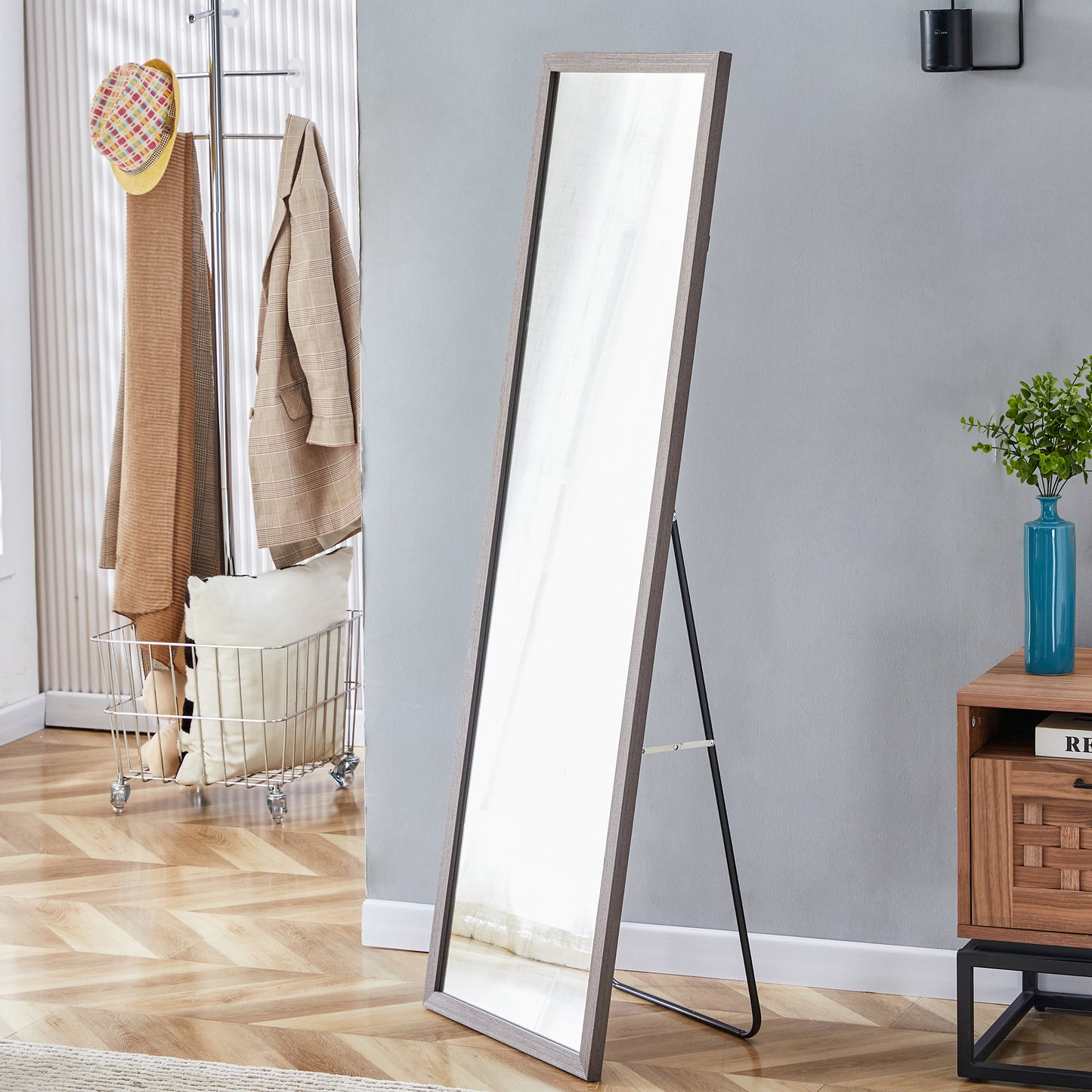 Third generation packaging upgrade, thickened frame, gray wood grain solid wood frame full-length mirror, dressing mirror, bedroom entrance, decorative mirror, floor standing mirror. 57.9 "* 18.1"