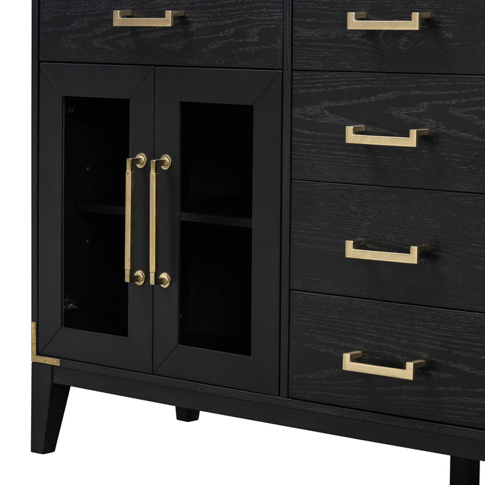 TREXM 6-drawer and 2-Cabinet Retro Sideboard with Extra Large Storage Space, with Gold Handles and Solid Wood Legs, for Kitchen and Living Room (Black)