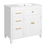 Modern Bathroom Vanity With Ceramic Sink, Freestanding, One Tip Out Drawer, 3 Side Drawers, Adjustable Shelf