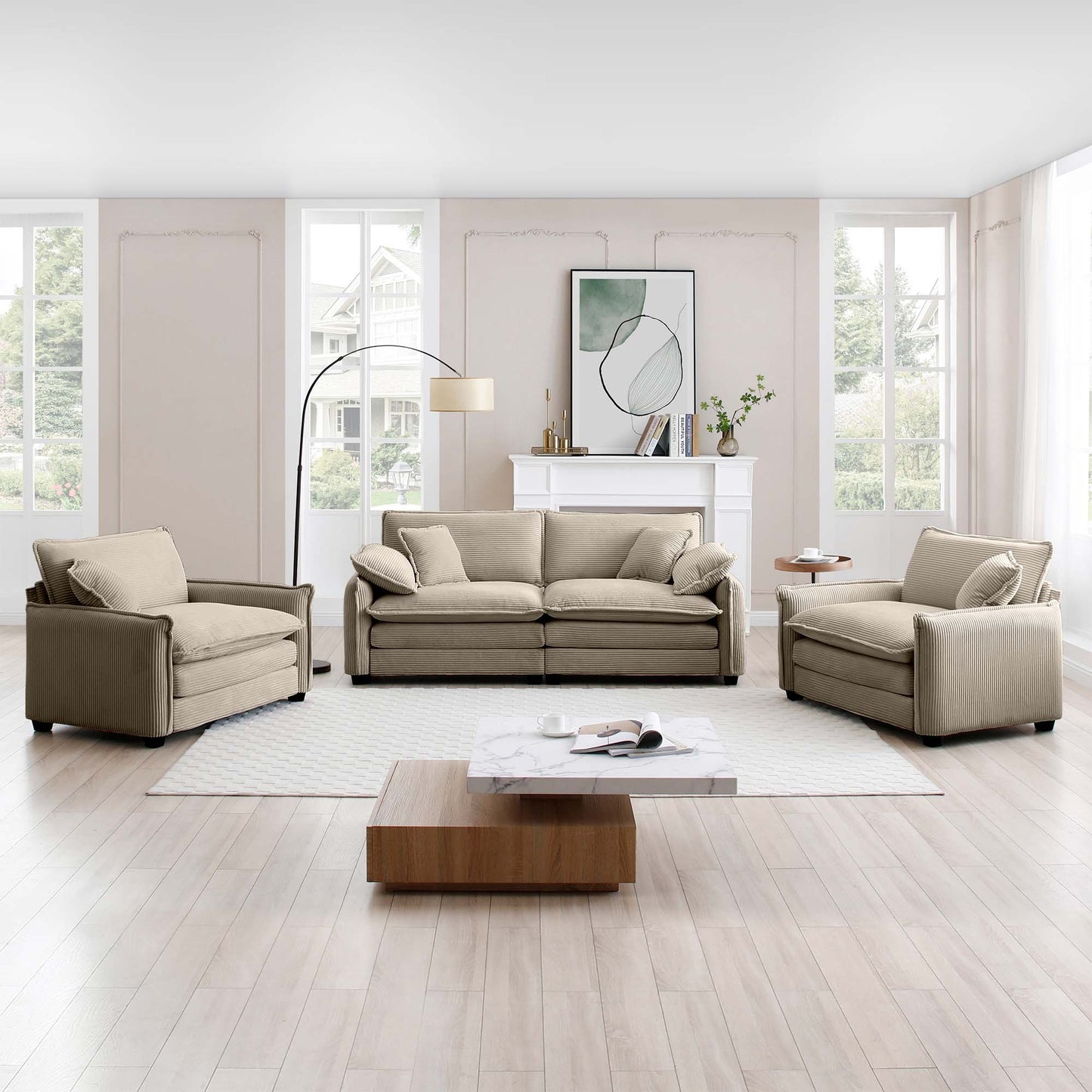 Luxurious and Sophisticated Sofa Set with Soft Cushions and Pillows, Sofa Set for Living Rooms and Clubs as well as Home Theaters, Consisting of Two Single Sofas and a 2-Seaters  Sofas in Tan Corduroy