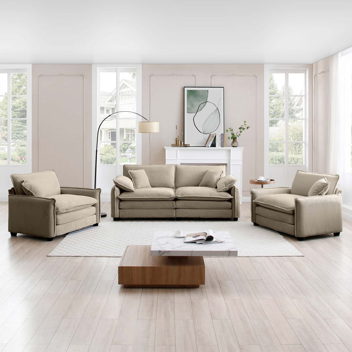 Luxurious and Sophisticated Sofa Set with Soft Cushions and Pillows, Sofa Set for Living Rooms and Clubs as well as Home Theaters, Consisting of Two Single Sofas and a 2-Seaters  Sofas in Tan Corduroy