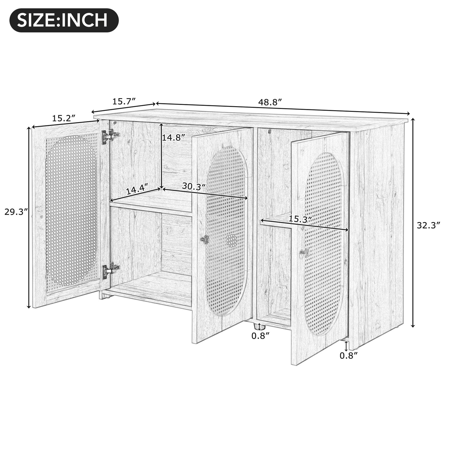 TREXM Retro 3-Door Sideboard with Large Storage Space Artificial Rattan Doors and Metal Handles, Accent Cabinet for Living Room and Hallway (Natural Wood)