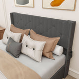 Modern Queen Size Bed Frame With Storage, Wingback Headboard, USB Ports - Dark Gray