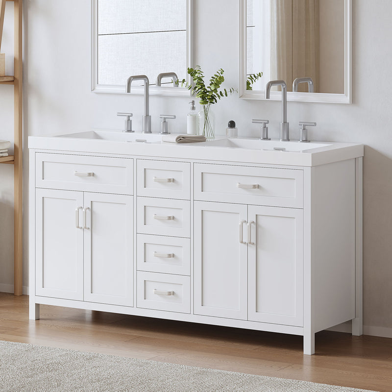 59.1" Minimalist Double Sink Bathroom Vanity With Top, Soft Close Doors & Drawers - White
