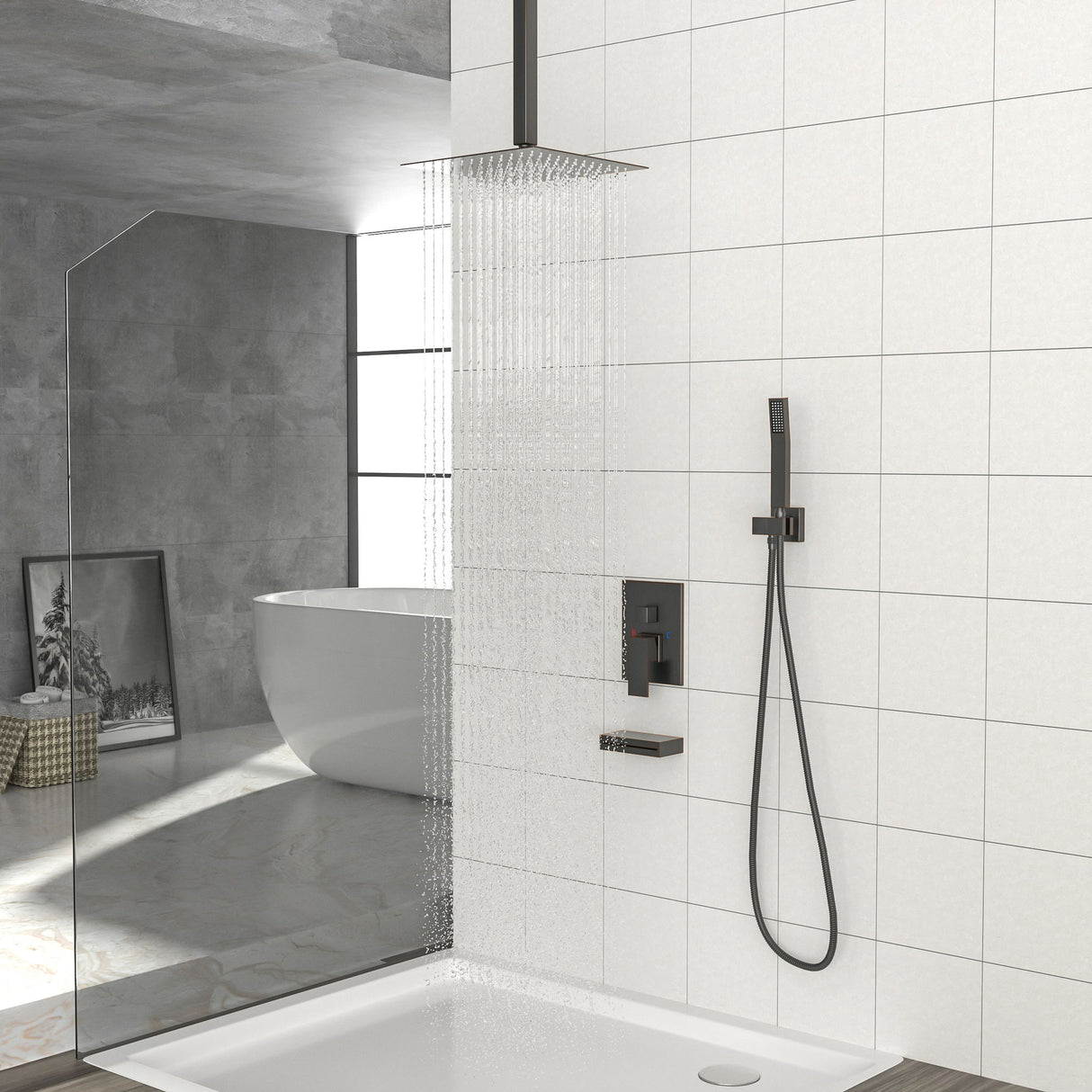 Shower System With Waterfall Tub Spout And 12" Ceiling Mount Square Shower Head - Oil-Rubbed Bronze