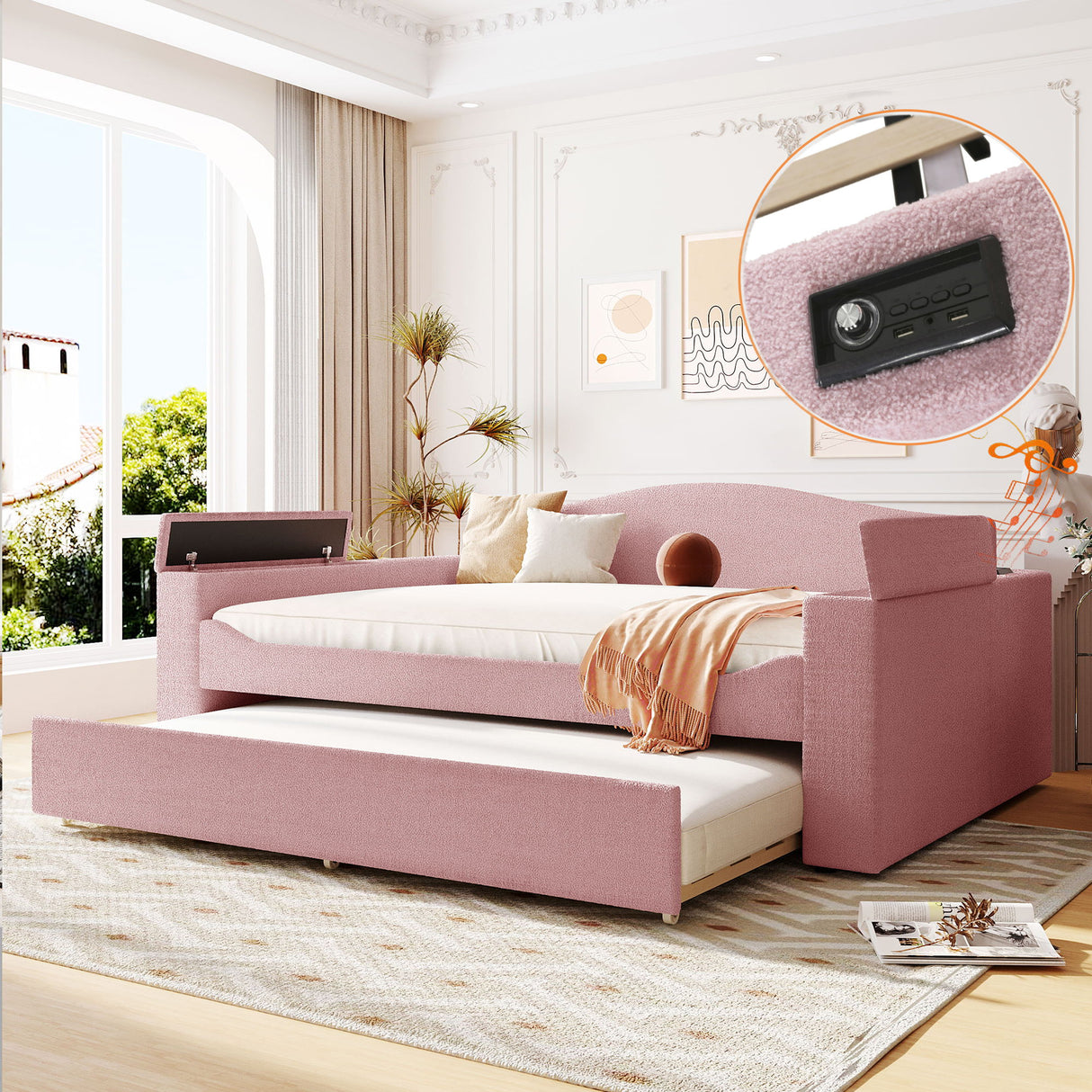 Upholstered Daybed With Storage Armrests, Trundle And Latest Integrated Bluetooth Audio System