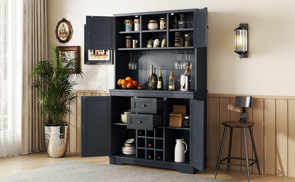 Coffee Bar Cabinet Kitchen Cabinet with Storage, Farmhouse Wine Cabinet with Drawers shelves and cabinets, Buffet Cabinet Wine & Glass Racks for Dining Room, Kitchen, Dark Blue