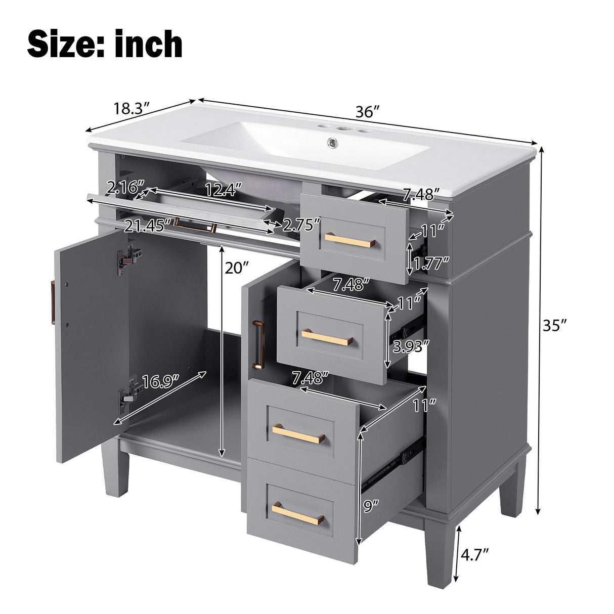 Modern Bathroom Vanity With Ceramic Sink, Soft Close Storage Cabinet