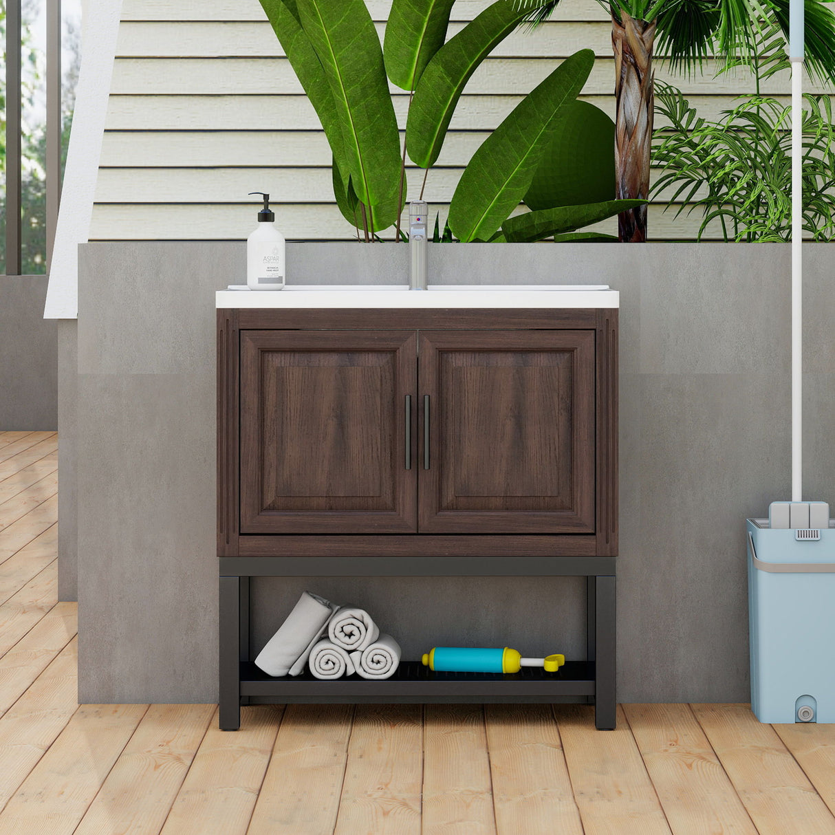 Modern Freestanding Bathroom Vanity With Ceramic Sink, Hot And Cold Faucet, Storage Cabinet & Open Shelf