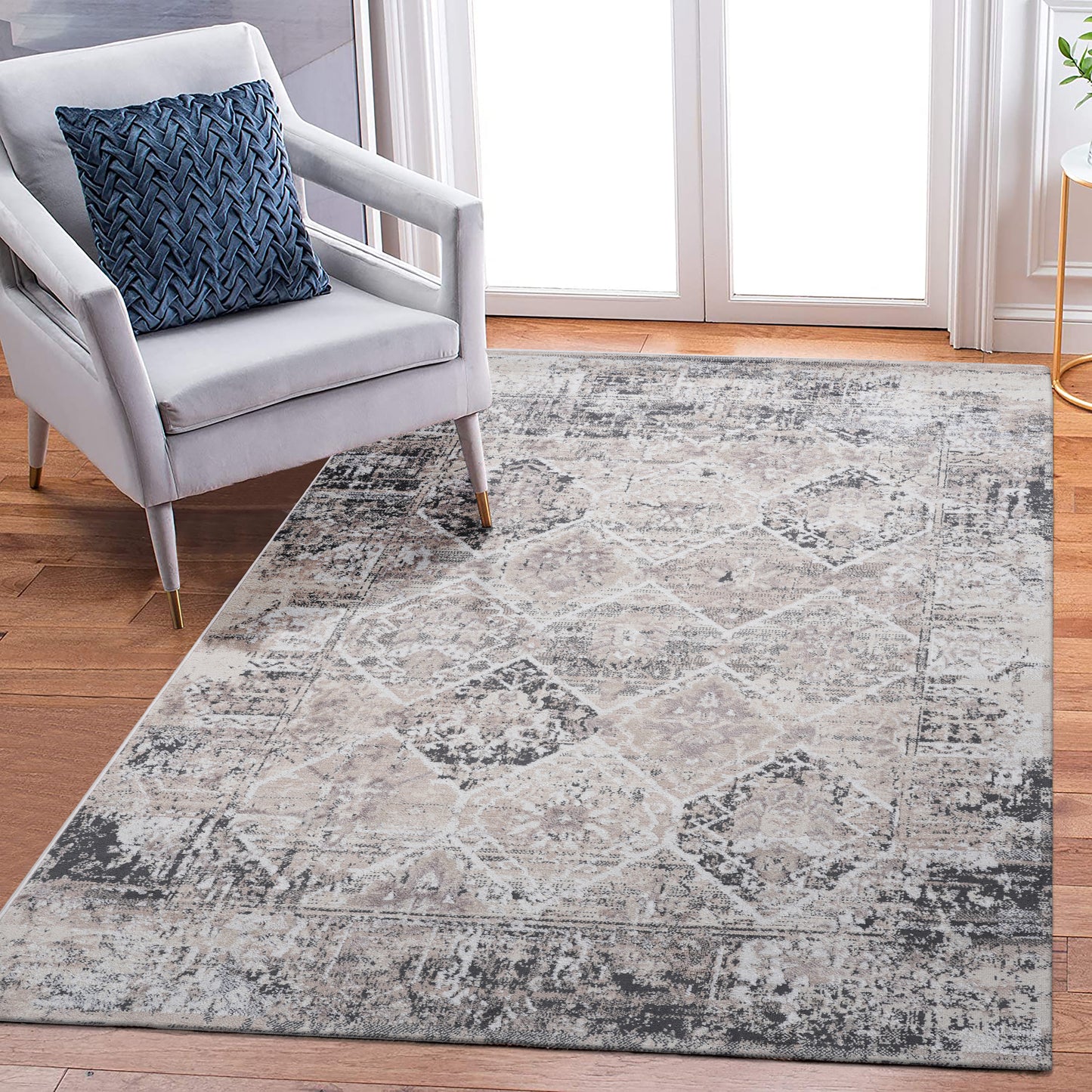 NAAR PAYAS Collection 8X10 Cream/Anthracite /Traditional Non-Shedding Living Room Bedroom Dining Home Office Stylish and Stain Resistant Area Rug