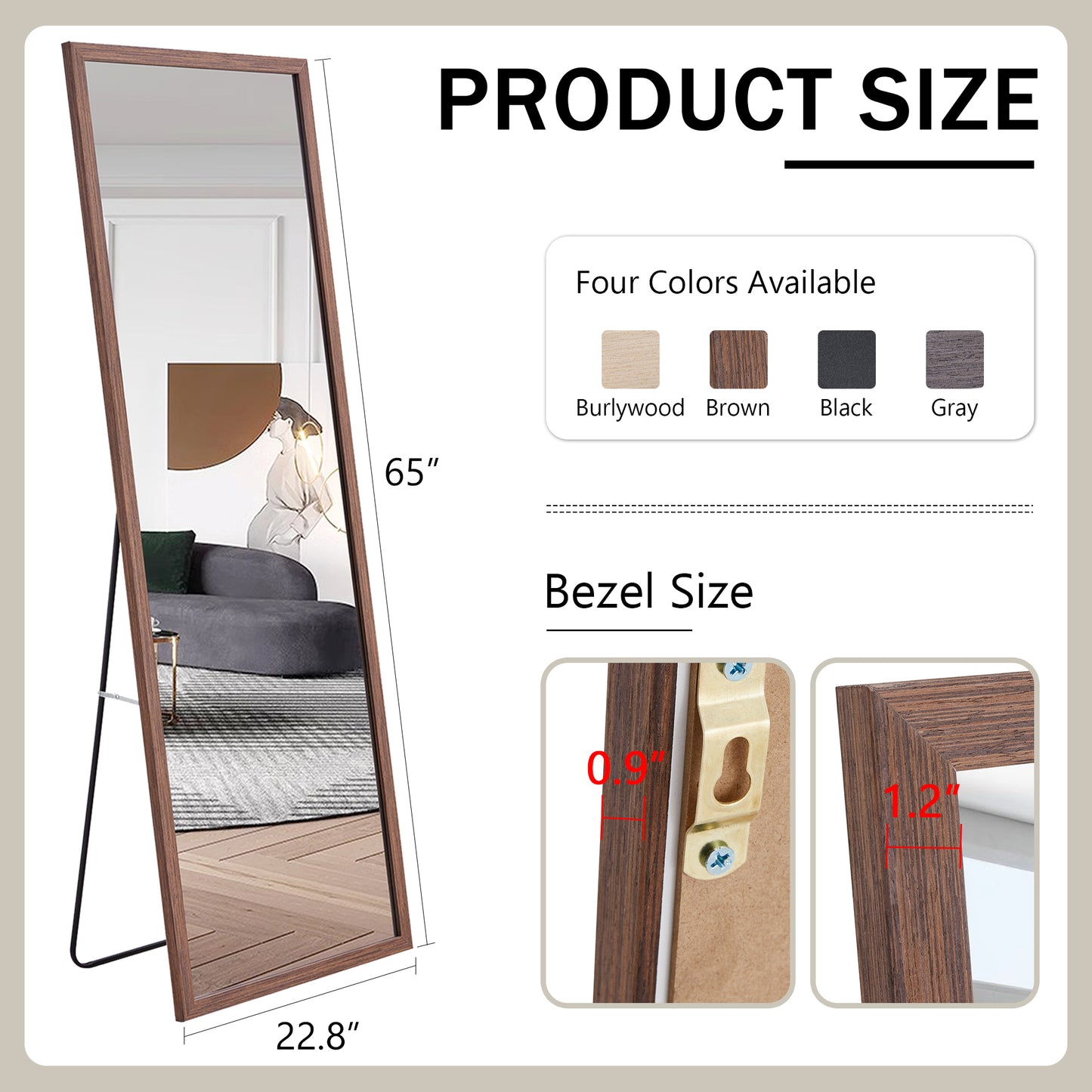 Third generation packaging upgrade, thickened border, brown wood grain solid wood frame full length mirror, dressing mirror, bedroom entrance, decorative mirror, and floor standing mirror.65"*22.8"