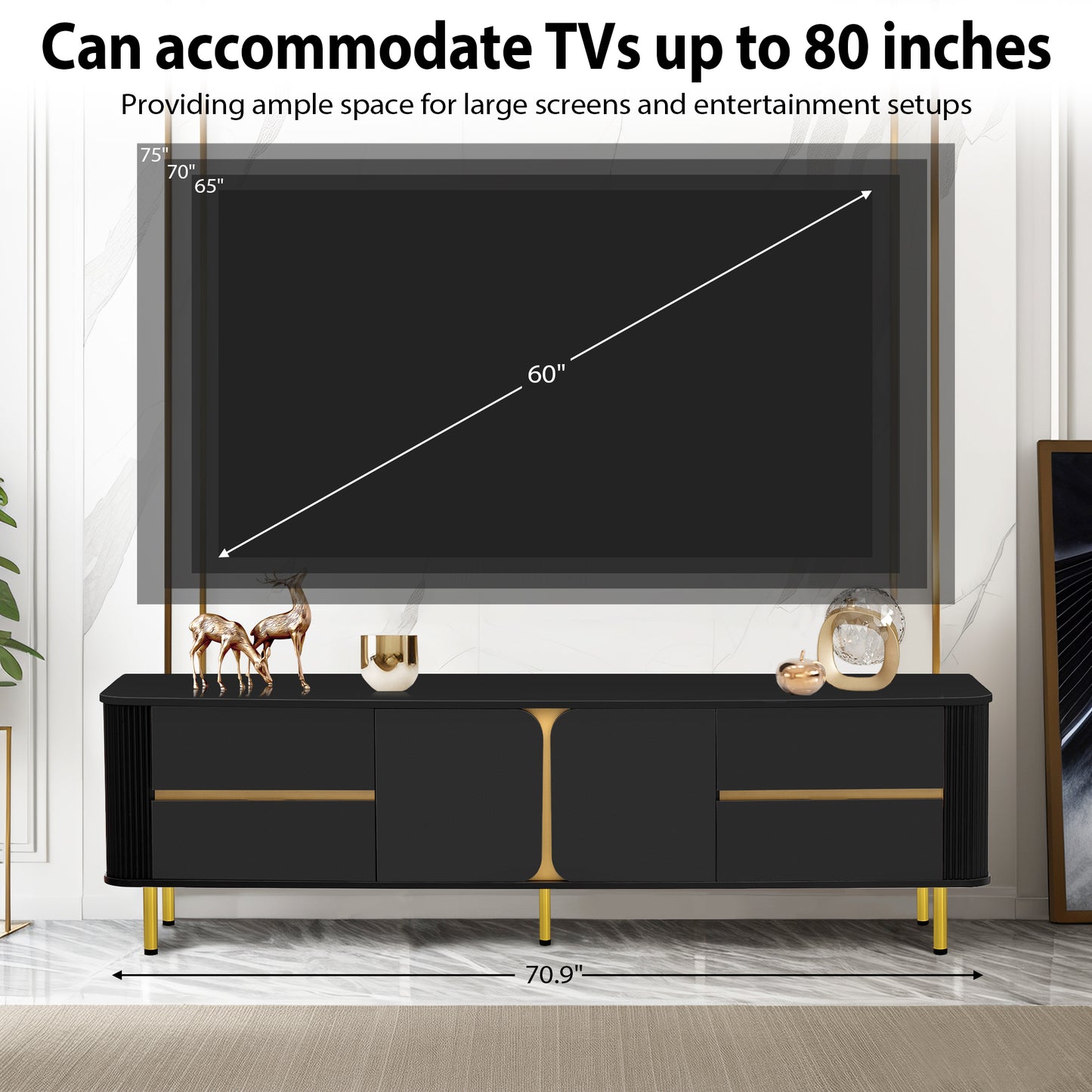 U-Can TV Stand for TVs up to 80 Inches, Modern Entertainment Center Media Console with 4 Drawers and 1 Spacious cabinet for Living room, Black