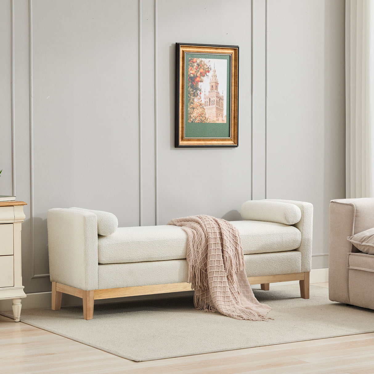 Elegant Upholstered Bench Daybed Ottoman With Bolster Pillows
