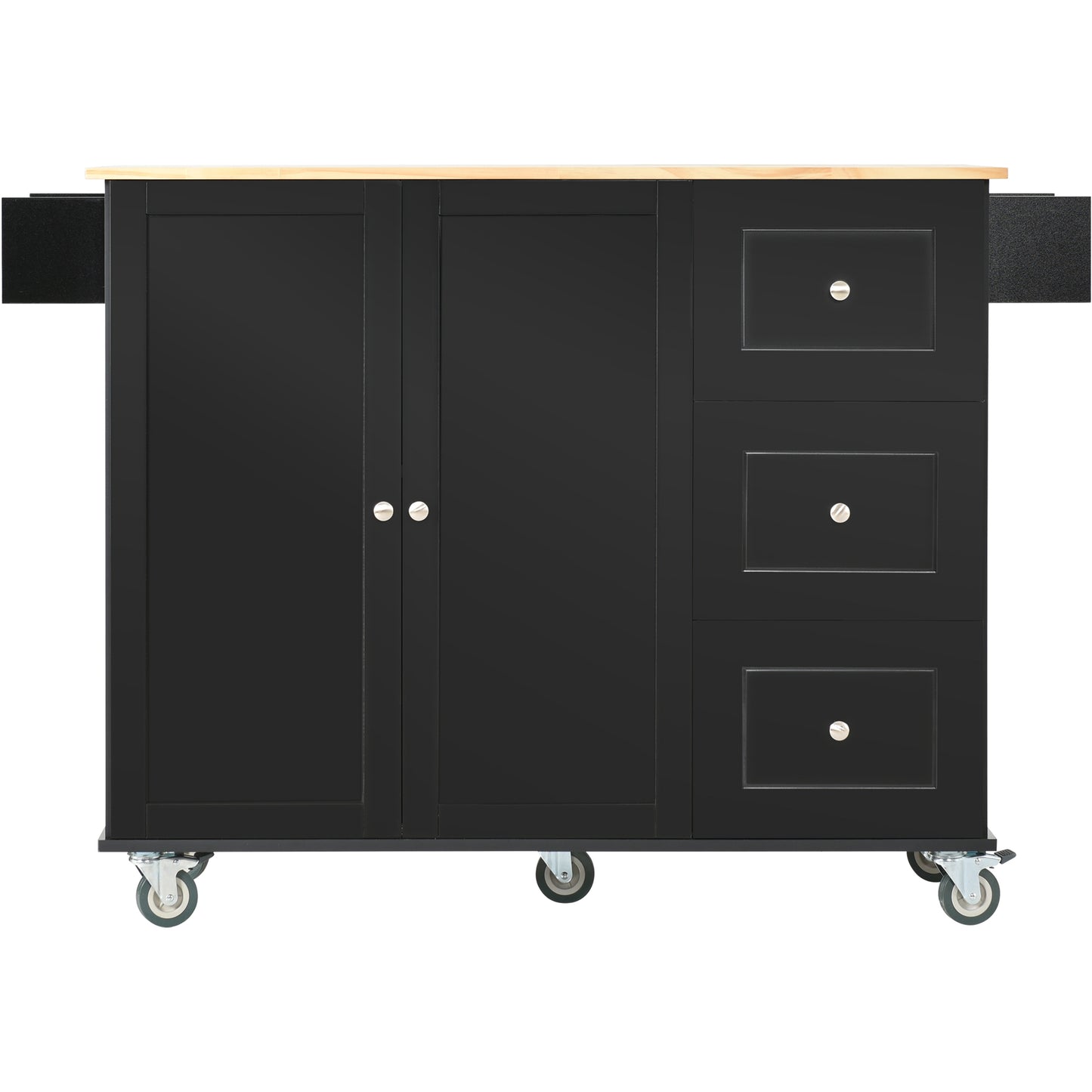 Rolling Mobile Kitchen Island with Solid Wood Top and Locking Wheels,52.7 Inch Width,Storage Cabinet and Drop Leaf Breakfast Bar,Spice Rack, Towel Rack & Drawer (Black)