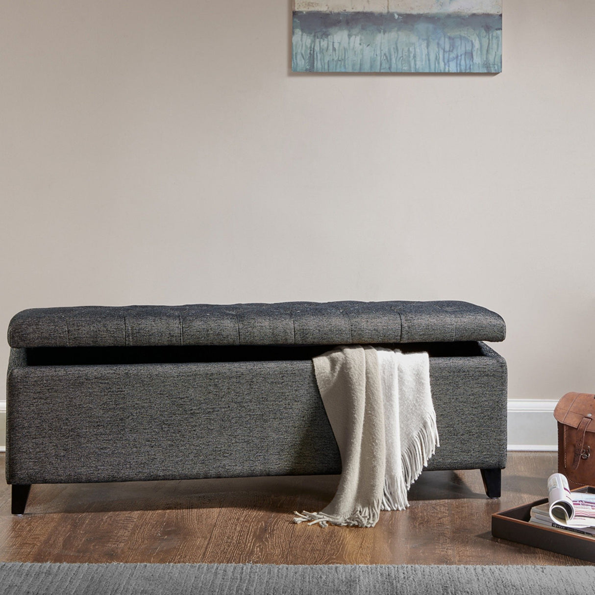 Elegant Design Tufted Top, Soft Close Storage Bench, Upholstered Fabric Solid