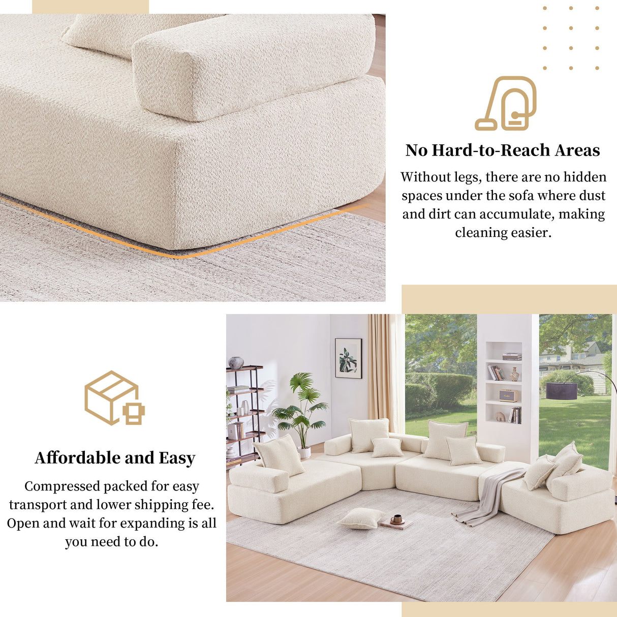 Frame For Oversized Modular U Shaped Sectional, Floor Couch Convertible Compressed Couch Spacious Foam Filled Sofa