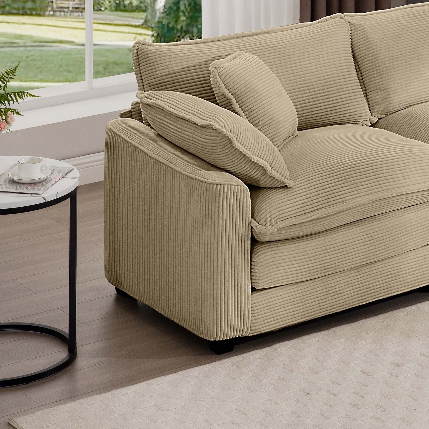 Luxurious and Sophisticated Sofa Set with Soft Cushions and Pillows, Home for Living Rooms and Clubs as well as Home Theaters, Consisting of Two Single Sofas and a 3-Seater Sofas in Tan Corduroy Fabri