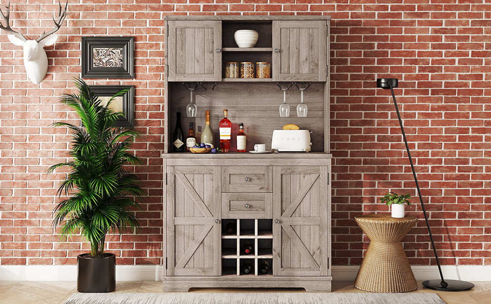 Coffee Bar Cabinet Kitchen Cabinet with Storage, Farmhouse Wine Cabinet with Drawers shelves and cabinets, Buffet Cabinet Wine & Glass Racks for Dining Room, Kitchen, Oak