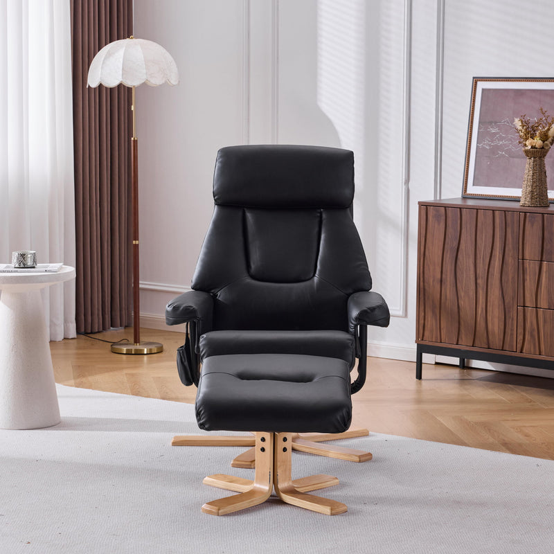 Massage Recliner With Ottoman, 360° Swivel, Heat & Vibration - Black Pu