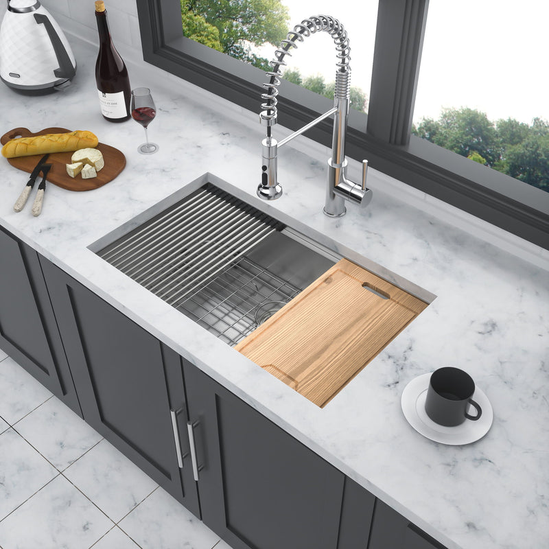 33" Undermount Kitchen Sink Single Bowl Stainless Steel Ledge Workstation In Brushed Nickel, 16 Gauge 304 Stainless Steel, 33 X 19 X 9 Inch