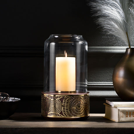 Boho Handcrafted Mango Wood Hurricane Candle Holder With Tempered Glass And Metal Accents - Brown