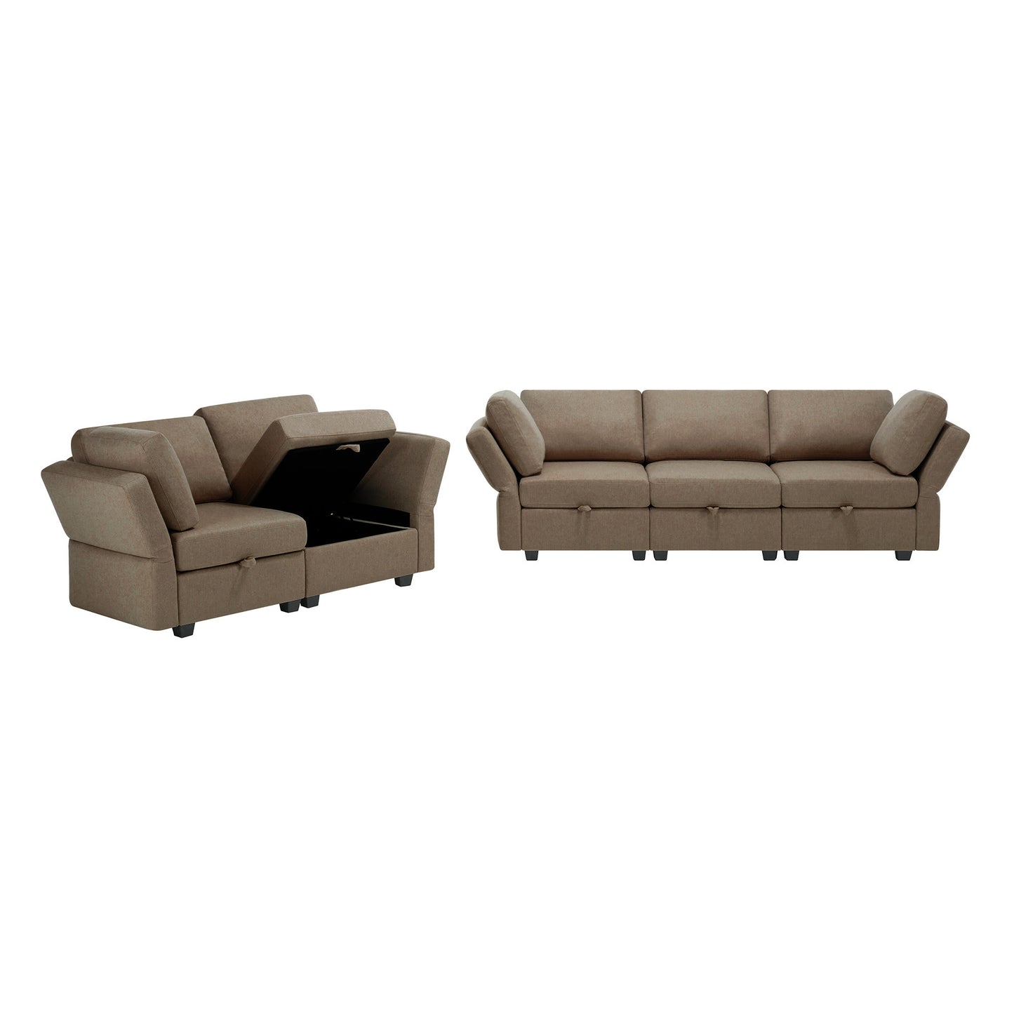 Living Room Sofa Set with 3-Seat Couch and 2-Seat Loveseat, Hidden Storage Under Seat, Soft Back Cushions and Arm Cushions , Adjustable Arms and Backs - Brown