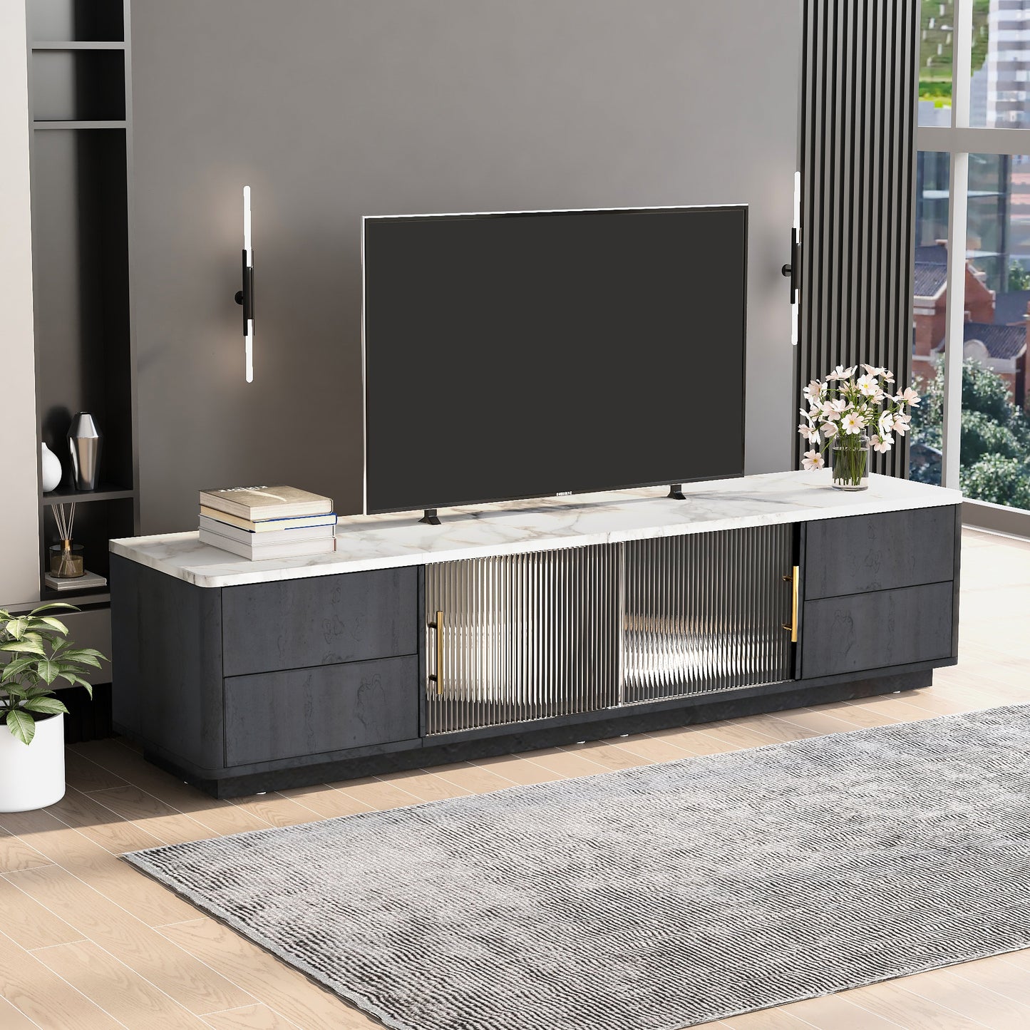 Modern TV Stand for 70'' TV with 4 Drawers, Media Console Table, Entertainment Center with Large Storage Cabinet for Living Room, Bedroom