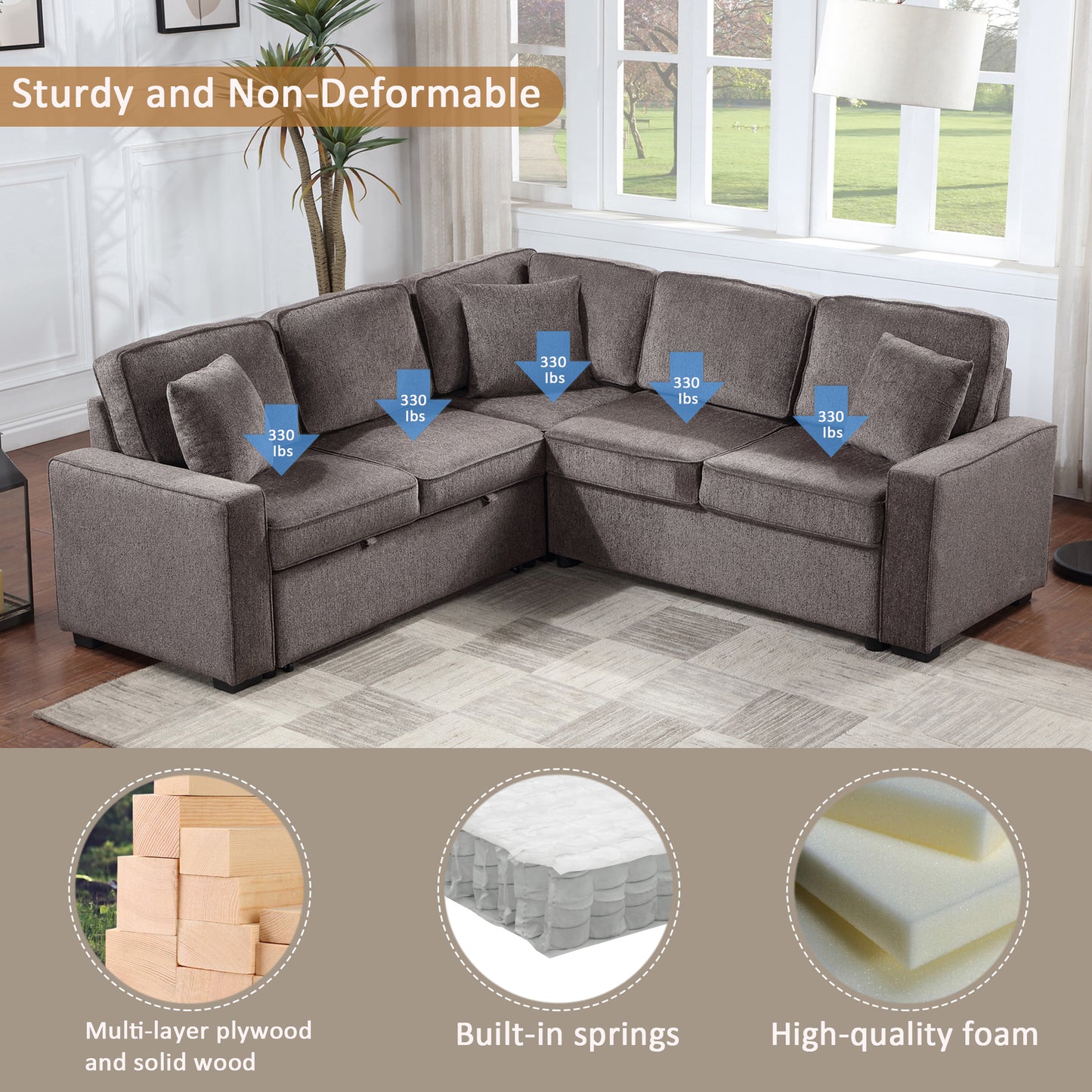 Modular Sofa, Sectional Couch L Shaped Sofa Couch with Pullout Sleeper, 5 Seat Chenille Corner Sofa for Living Room, 3 Pillows Included, Light Brown