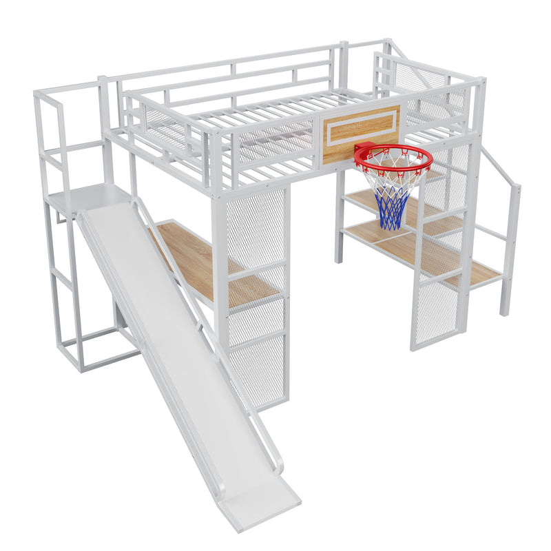 Loft Bed With Built In Desk, Open Wardrobe, Basketball Hoop, Slide And Staircase
