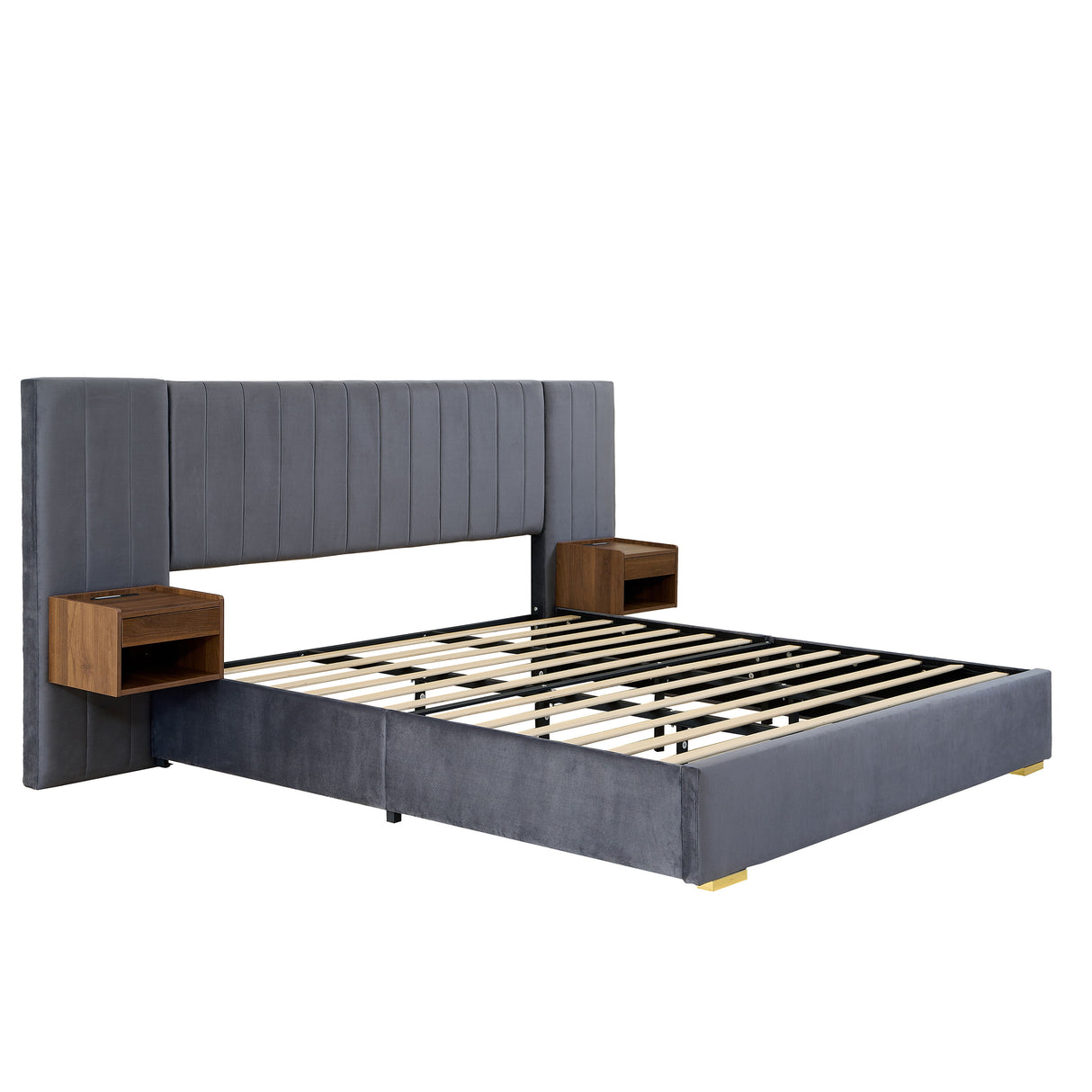 Upholstered Bed Frame Of Velvet Tufted Headboard With Floating Nightstand LED / USB Built