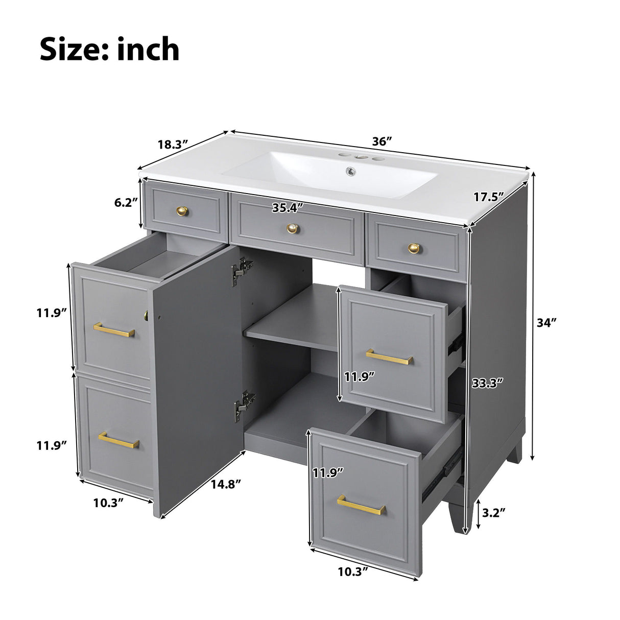 Bathroom Vanity With Ceramic Sink, Soft Close Doors, Adjustable Shelves