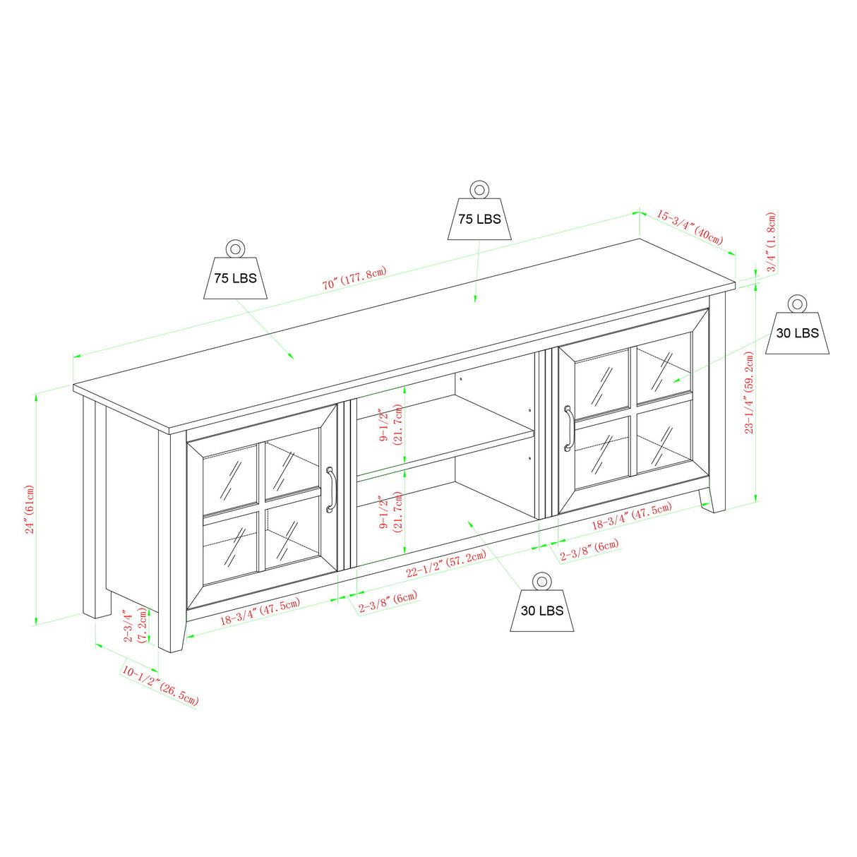 Modern Farmhouse 2 Door Glass Windowpane 70" TV Stand For 80" TVs