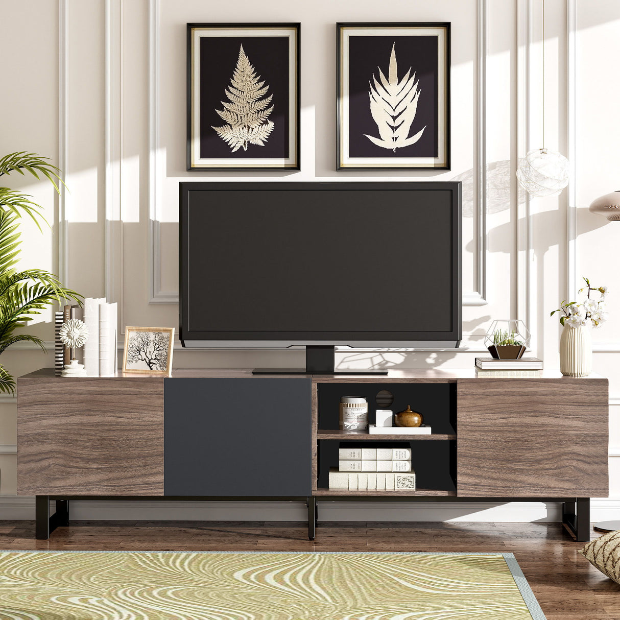 Modern TV With 3 Cabinets & Open Shelves, Color-Matching Media Console Table For Tvs Up To 80'', Entertainment Center With Drop Down Door For Living Room - Dark Brown