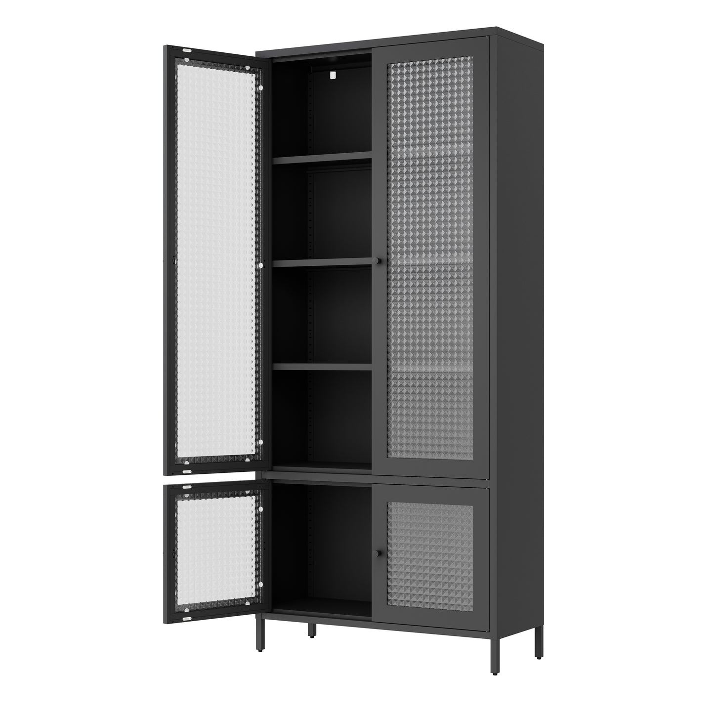 Large Metal Storage Cabinet Display Cabinet with 4 Glass Doors 5 Shelves Side Cabinet Bookcase Freestanding Cabinet for Bedroom Living Room Pantry Home Office - Black, Waffle-Grids  Tempered Glass