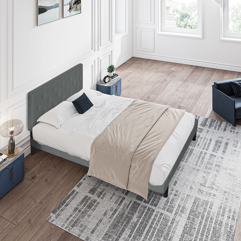 Modern Upholstered Platform Bed Frame With Button Tufted Fabric Headboard