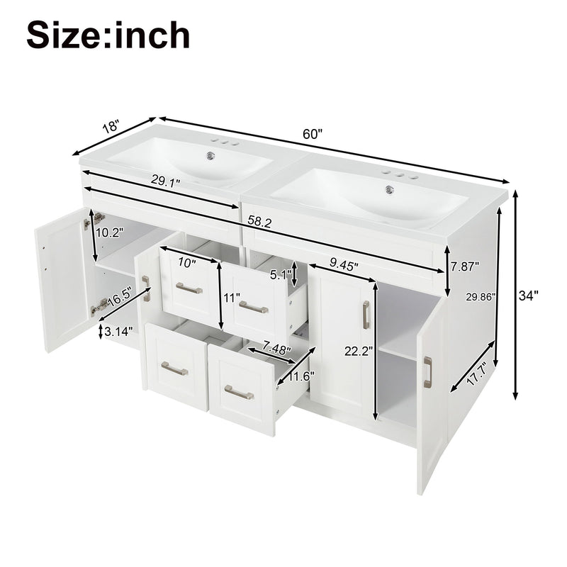 Bathroom Vanity With Dual Sinks, 4 Cabinet Doors, 4 Drawers, Adjustable Shelves - White