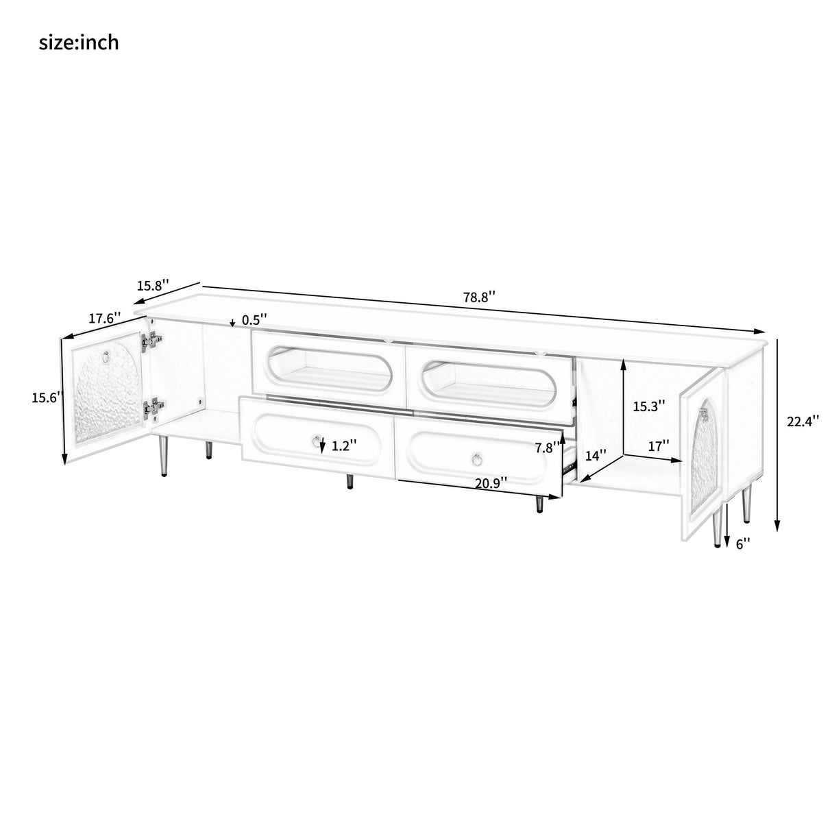 Retro TV Stand With 6 Metal Legs, 2 Cabinets, 4 Drawers And Anti-Tip Device