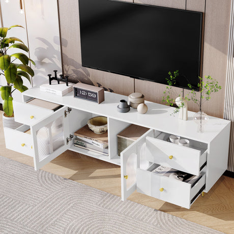 Modern TV Stand With Glass Door, 4 Drawers And 2 Cabinets