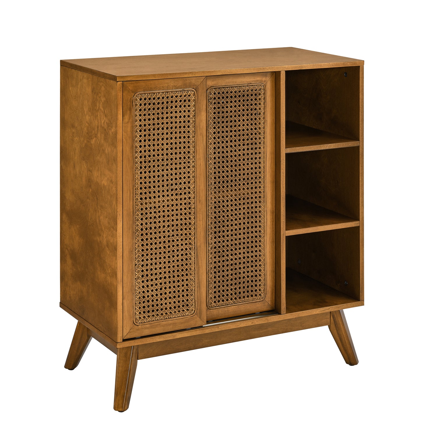 Mid Century Modern Rattan Sideboard Cabinet, Buffet Cabinet for Entryway Hallway Living Room Kitchen Dining Room Bedroom, Adjustable Shelf & Solid Wood Feet & Rattan Cabinet Doors - Light Wood