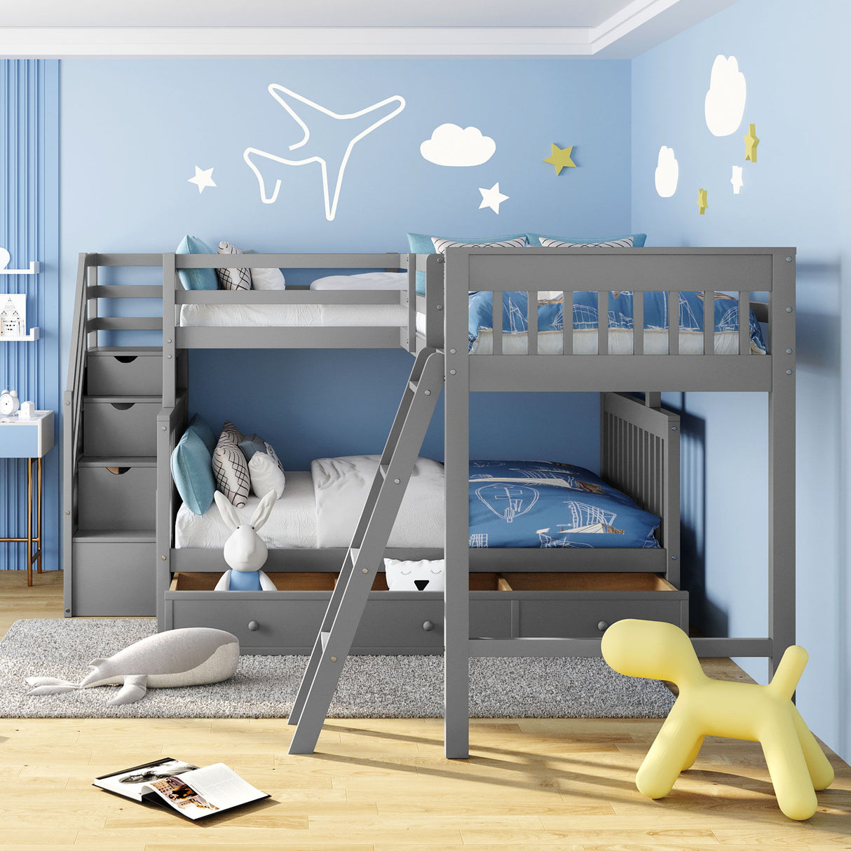 Solid L Shaped Bunk Bed With 3 Drawers, Ladder And Staircase